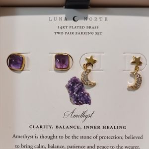 2 pairs stud earring BY LUNA NORTE AMETHYST 14K GOLD PLATED CRESCENT MOON STAR